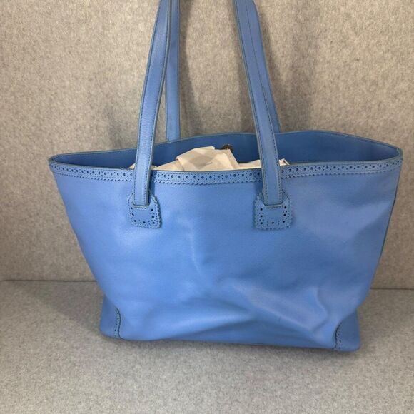 Tory Burch Blue Leather Tote Bag Perforated Details Gold Logo  Shopper Tote - Picture 7 of 15